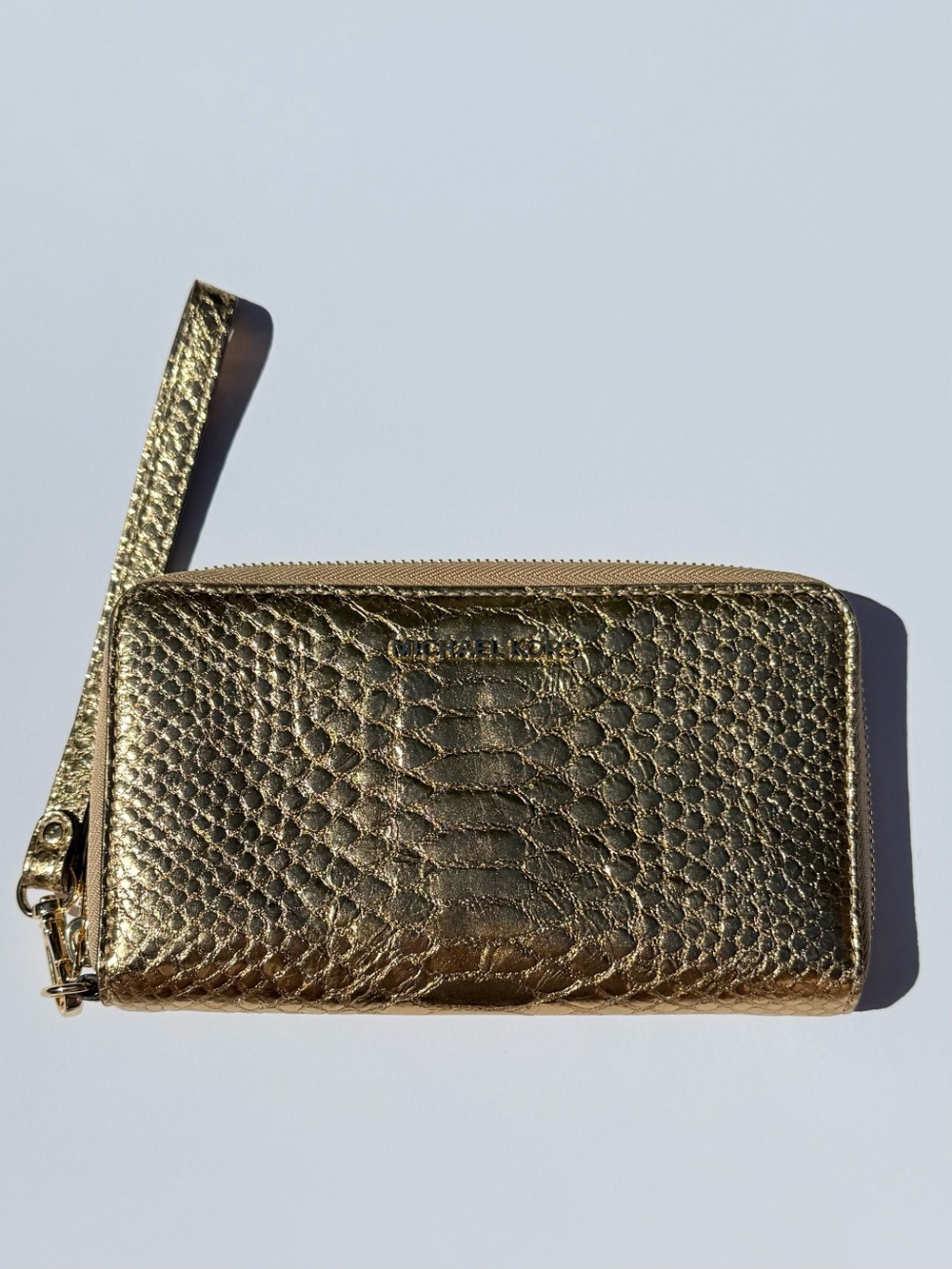Michael Kors Metallic Gold Snakeskin Embossed Zip Around Wristlet Wallet